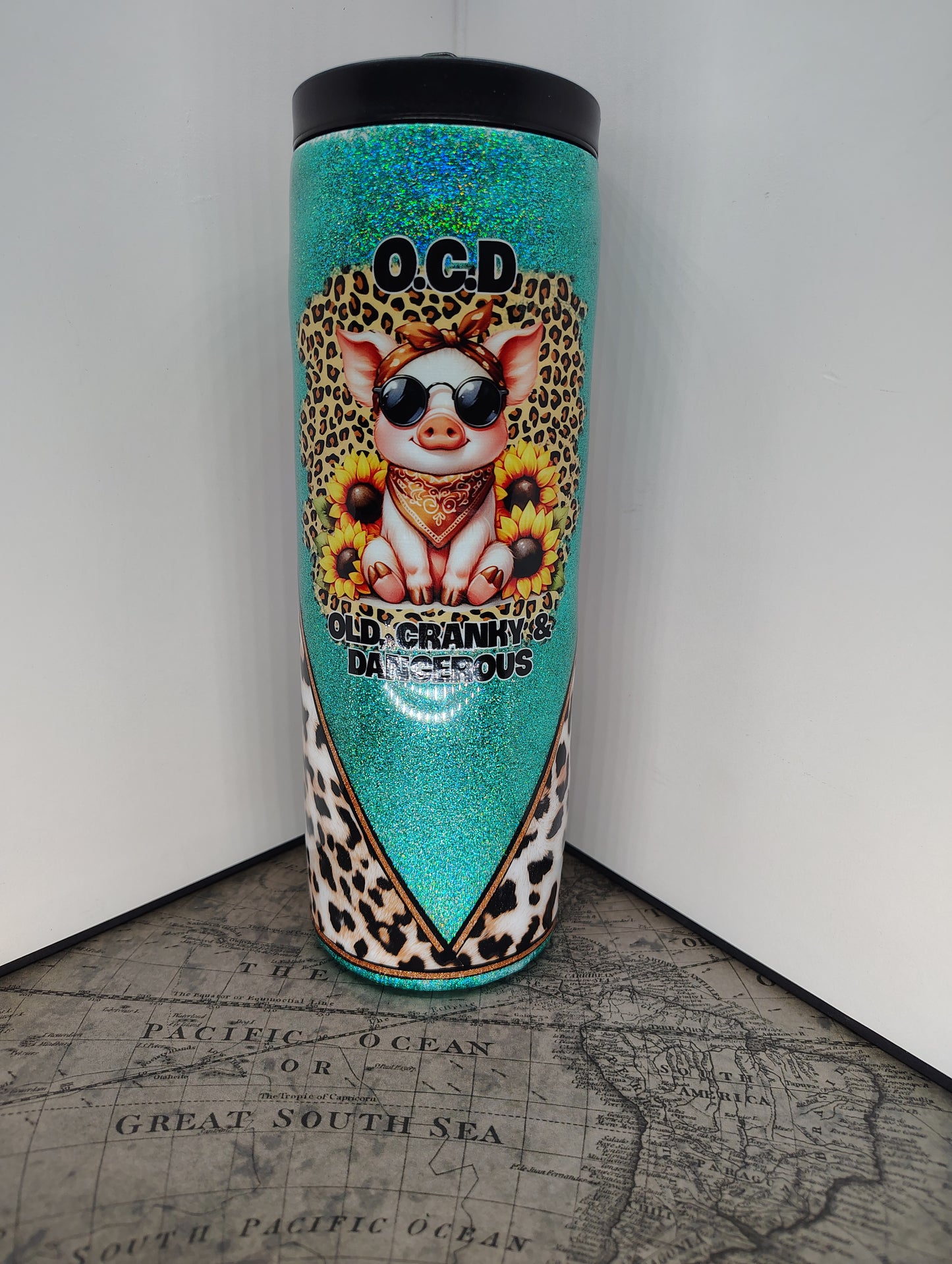 "OCD Piggy Glam Tumbler – Old, Cranky & Dangerous with Sunflowers"