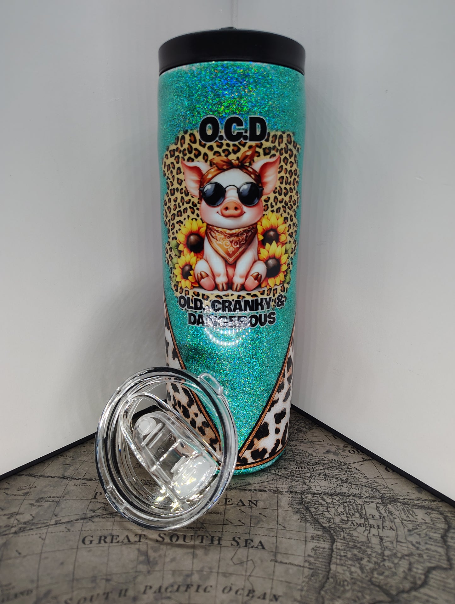 "OCD Piggy Glam Tumbler – Old, Cranky & Dangerous with Sunflowers"
