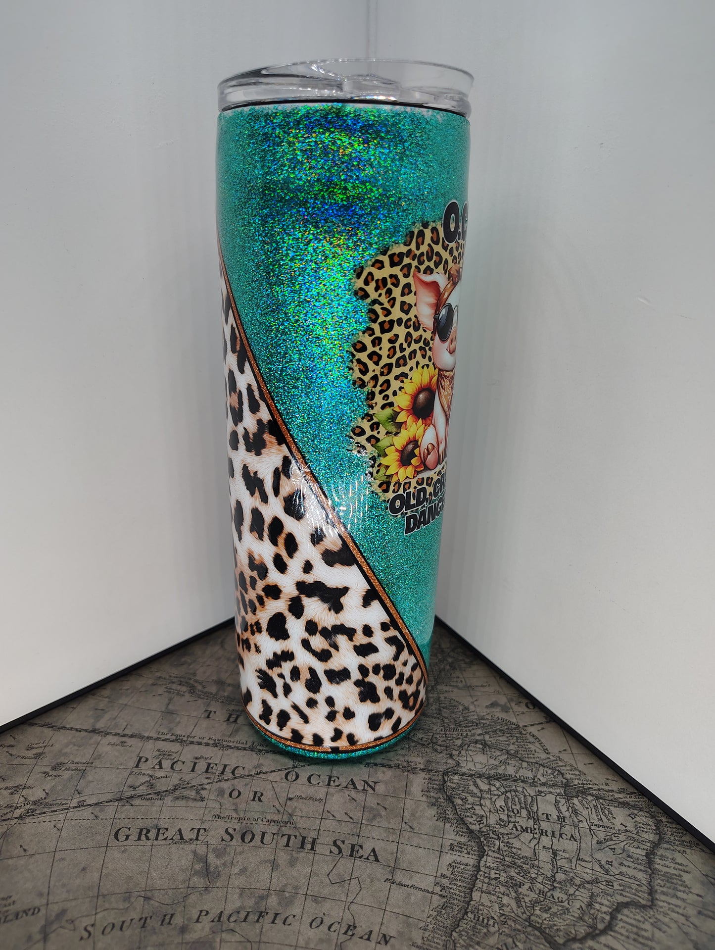 "OCD Piggy Glam Tumbler – Old, Cranky & Dangerous with Sunflowers"